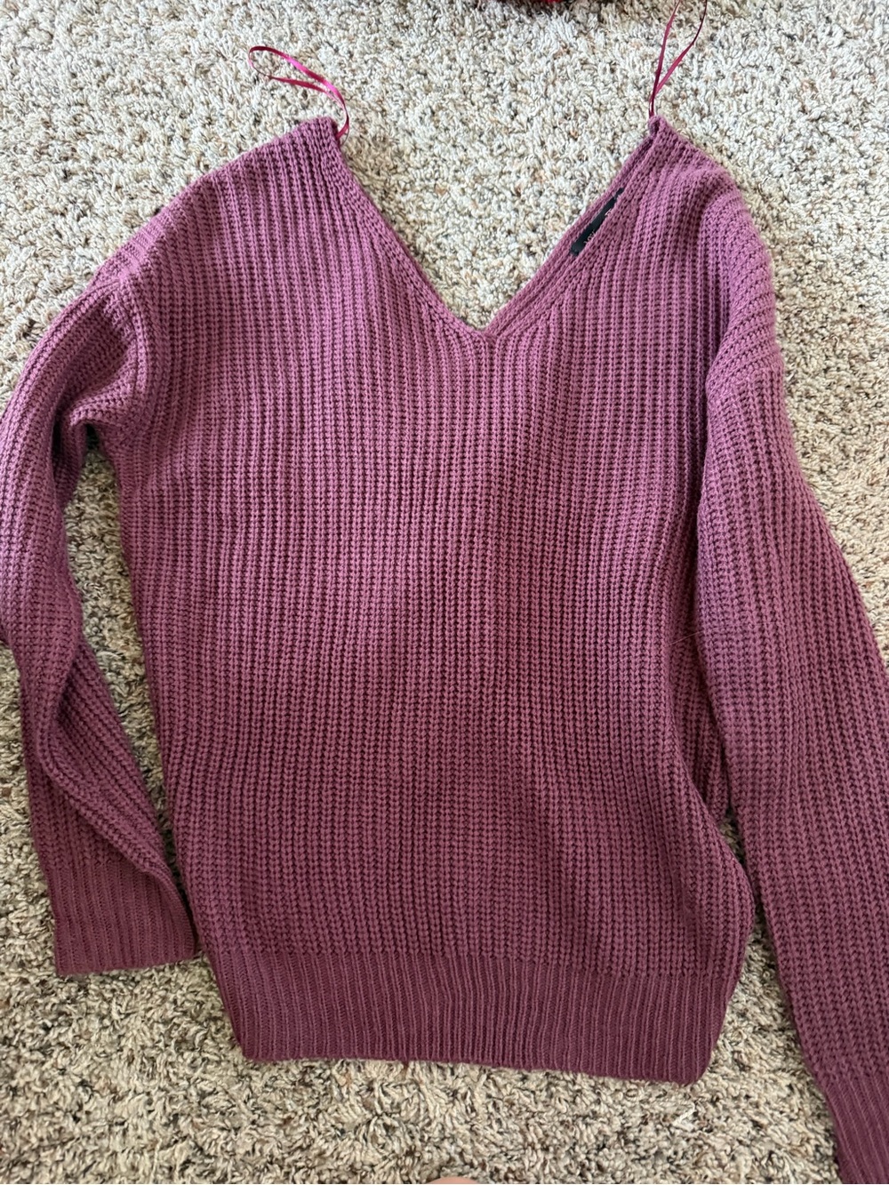 V-Neck Waffle Knit Sweater - Mauve Pink